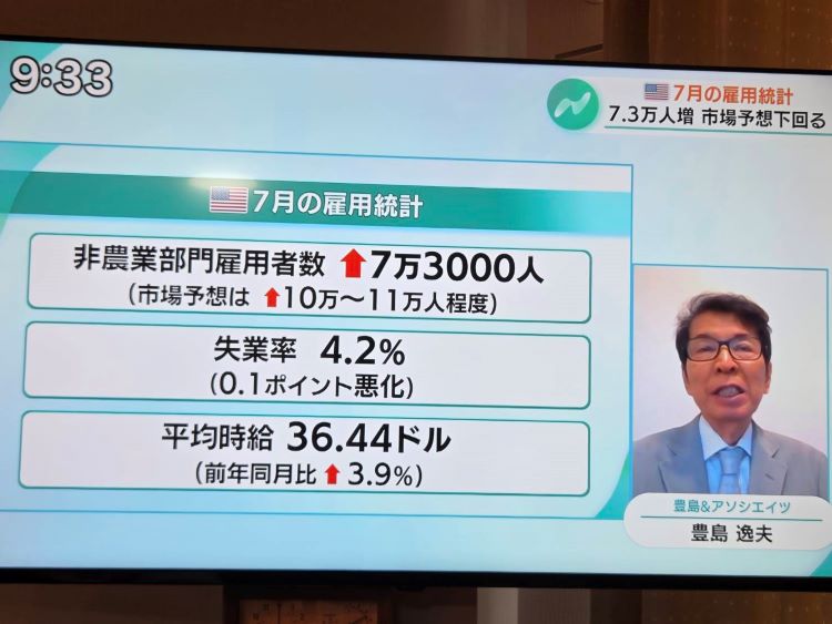 TV番組に出演する豊島氏①、米国７月雇用統計について